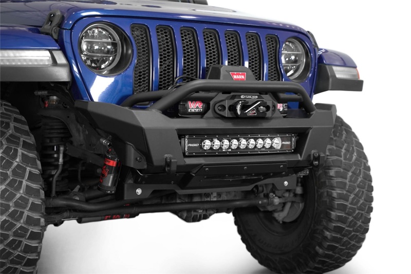 Jeep Gladiator JT Front Bumper - Addictive Desert Designs - Phantom Series, Stubby Winch, Satin Black Aluminum Accent Panels - Hammer Black - `18-`24